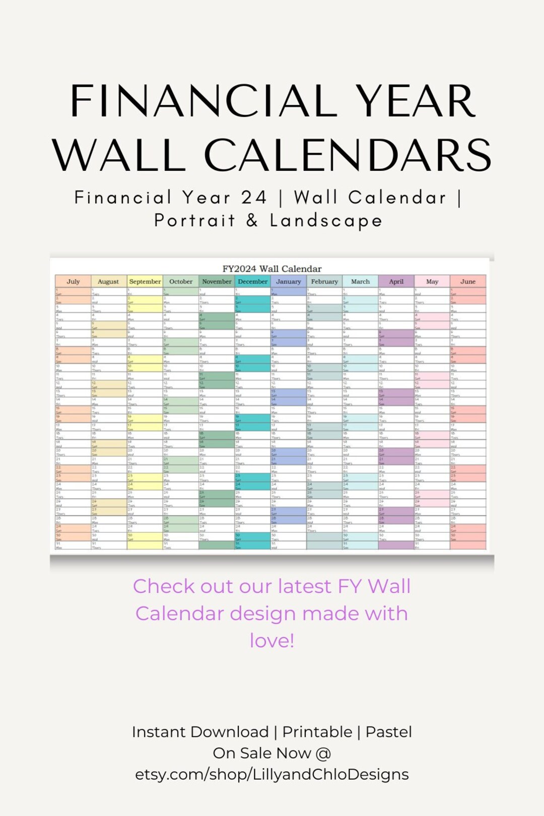 Financial Year july 2023 to June 2024 Printable Wall Calendar & Planner in  Pastel A3 Monthly View - Etsy