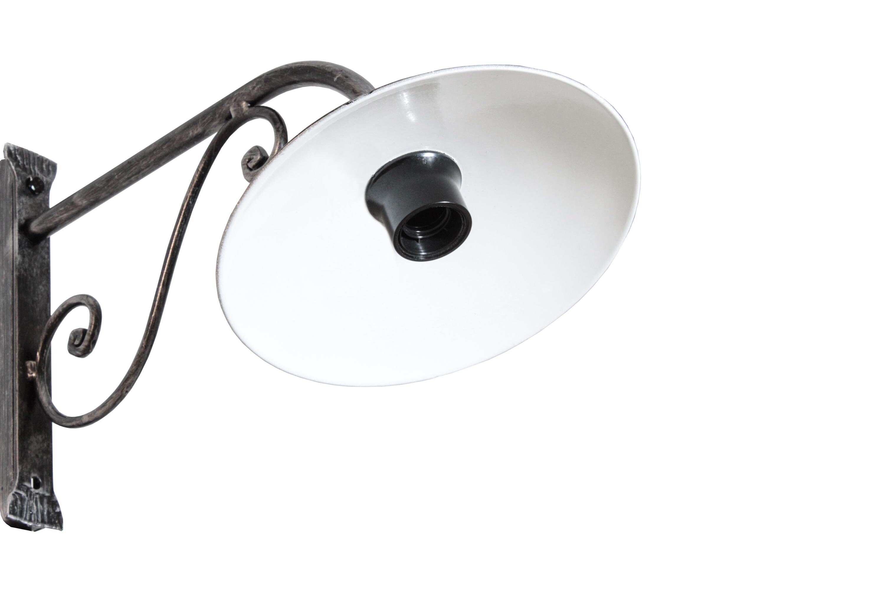 Lampada A Braccio In Ferro Battuto 1121 – Artigianale, Nero Patinato Argento, Piatto 25 Cm, Attacco E27, Per Esterno/Interno