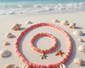 Conjunto de colar e pulseira Pink Beach Candy – Joias de verão com estrelas-do-mar e conchas