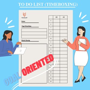Könnte beinhalten: Eine To-Do-Liste mit einem Timeboxing-Raster, beschriftet mit "TO DO LIST (TIMEBOXING)". Die Liste enthält Abschnitte für "Top Priorities" und "Brain Dump". Ein roter Stempel mit dem Text "GOAL ORIENTED" bedeckt teilweise den Abschnitt "Brain Dump". Zwei Comicfiguren sind dargestellt, eine links mit einem Laptop und eine rechts, die auf das Raster zeigt.