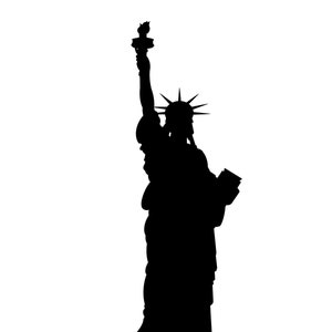 May include: Black silhouette of the Statue of Liberty, a famous landmark in New York City.