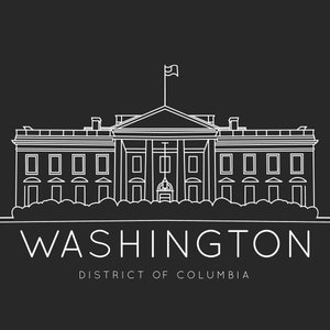 May include: A line drawing of the White House in Washington, D.C. The building is white and has a flag on top. The text "WASHINGTON DISTRICT OF COLUMBIA" is below the building.