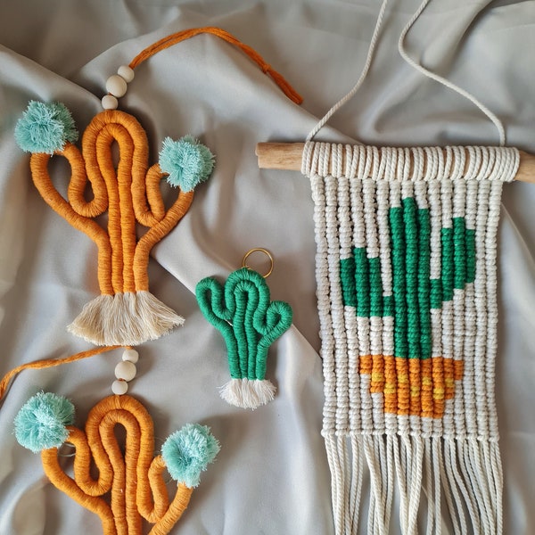 Cactus en macramé, décoration et suspension à accrocher, différentes tailles et couleurs