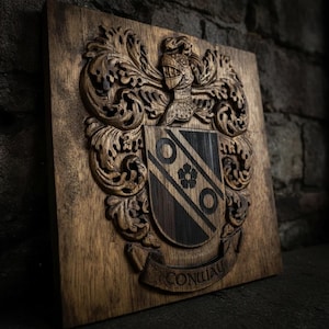 Custom Wood Carved Family Crest: Personalized Surname Shield