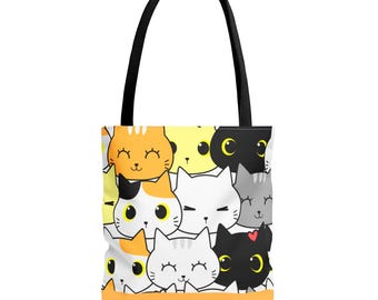 Cute Cat Faces Tote Bag for Cat Lovers | Funny Aesthetic Cat Tote in 3 Sizes & 5 Handle Colors | Gift for Cat Mom | Kitty Print Shoulder Bag