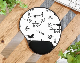 Ergonomic Mouse Pad with Wrist Support – Cute Black and White Cartoon Cats, Fishbones & Wool Balls, Non-Slip, Memory Foam, Office and Gaming