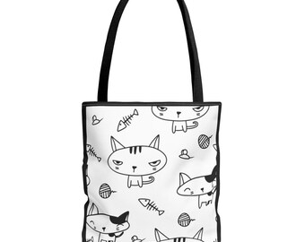 Minimalist Cat Tote Bag | Black & White Aesthetic Reusable Bag in 3 Sizes and 5 Handle Colors | Cat Lover Gift | Eco Friendly Tote for Women