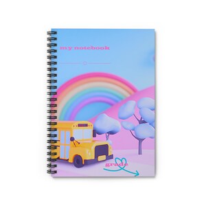 Back to School Notebook with Rainbow & Bus | Cute Spiral Journal with Pink Cover and Lined Pages | Whimsical School Supply Gift for Students