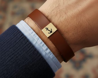 Anchor Premium Engraved Men Vegan Leather Bracelet | Grounded Symbol Jewelry | Personalized & Adjustable Wristband | Unique Meaningful Gift