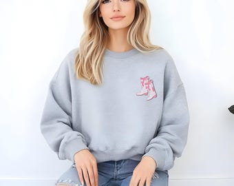 Groovy Coquette Cowgirl Boots Pocket Hoodie and Sweatshirt | Perfect for Cowgirl Hearts & Stylish Free Spirits | Cute Minimalist Design Tee