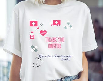 Comfort Colors Thank You Doctor Shirt | Perfect Gift for Doctors & Healthcare Workers | Honoring Healthcare Heroes | Medical Icons Design