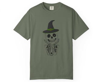 Cute Witch Skeleton Halloween Comfort Colors Shirt, Spooky Season Graphic Shirt for Women, Fall Skeleton Shirt, Gothic October Aesthetic Tee