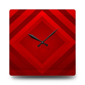 May include: Square wall clock with a vibrant red geometric design. The clock face features a series of nested diamond shapes in varying shades of red. Black clock hands indicate the time. A modern decorative piece.
