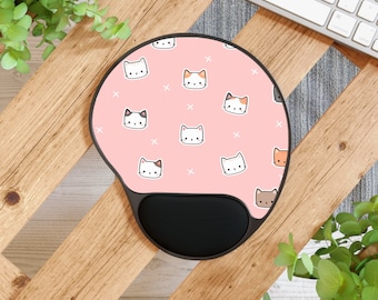 Ergonomic Mouse Pad with Cute cat Faces – Pink Background, Wrist Support, Non-Slip, Memory Foam, Office & Gaming Desk Accessory