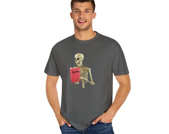 Skeleton Reading Spells Comfort Colors Shirt | Funny Halloween Bookworm Tee | Dark Academia Aesthetic Shirt | Gothic Gift, Spooky Reader Tee