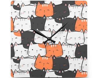 Cartoon Cat Acrylic Wall Clock | Minimalist Kawaii Cat Pattern Timepiece | Non-Ticking Contemporary Accent | Modern Aesthetic Home Art Decor