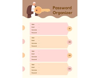 Password Organizer Printable Tracker - 20 Password Slots on 5 A4/Letter 8.5"X11" sized PDF Instant download