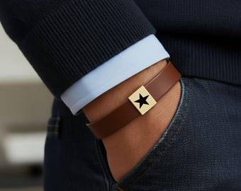 Star Premium Engraved Men’s Vegan Leather Bracelet | Guided Symbol Jewelry for Men | Personalized Wristbands | Adjustable Meaningful Gift