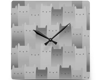Monochrome Cat Acrylic Wall Clock | Modern Animal Design | Abstract Cat Pattern Wall Art | Soft Grey Wall Accent | Minimalist Home Timepiece