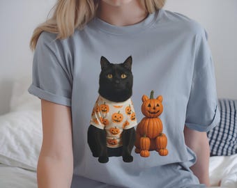 Halloween Black Cat Comfort Colors Shirt | Spooky Vintage Cat Tee | Fall Aesthetic Graphic Art T-Shirts | Witchy Gift for Cat Lovers And All