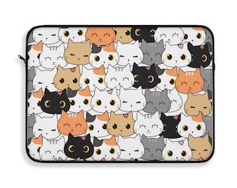 Laptop Sleeve Feline Elegance, Cat Faces | Cute Zippered Laptop Case | Gift for Cat Lovers | Back to School Accessory | Pet Lover Gift Idea