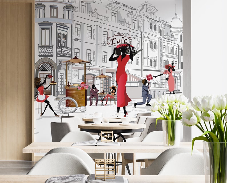 Fashion Wallpaper Cafe Wallpaper Art Wallpaper Peel and - Etsy
