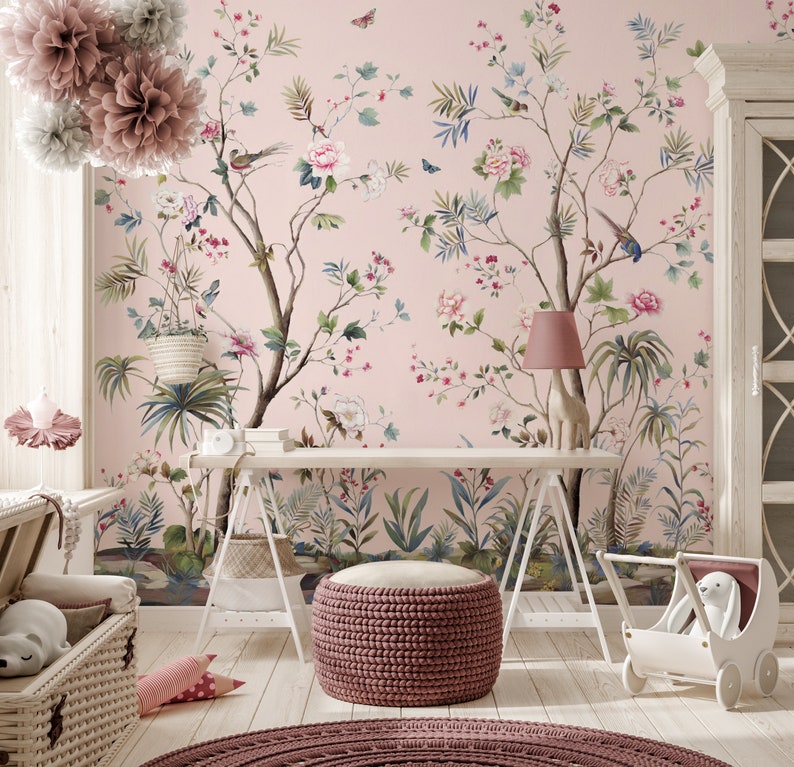 Pink Chinoiserie Wallpaper Peel and Stick Floral Wallpaper Etsy