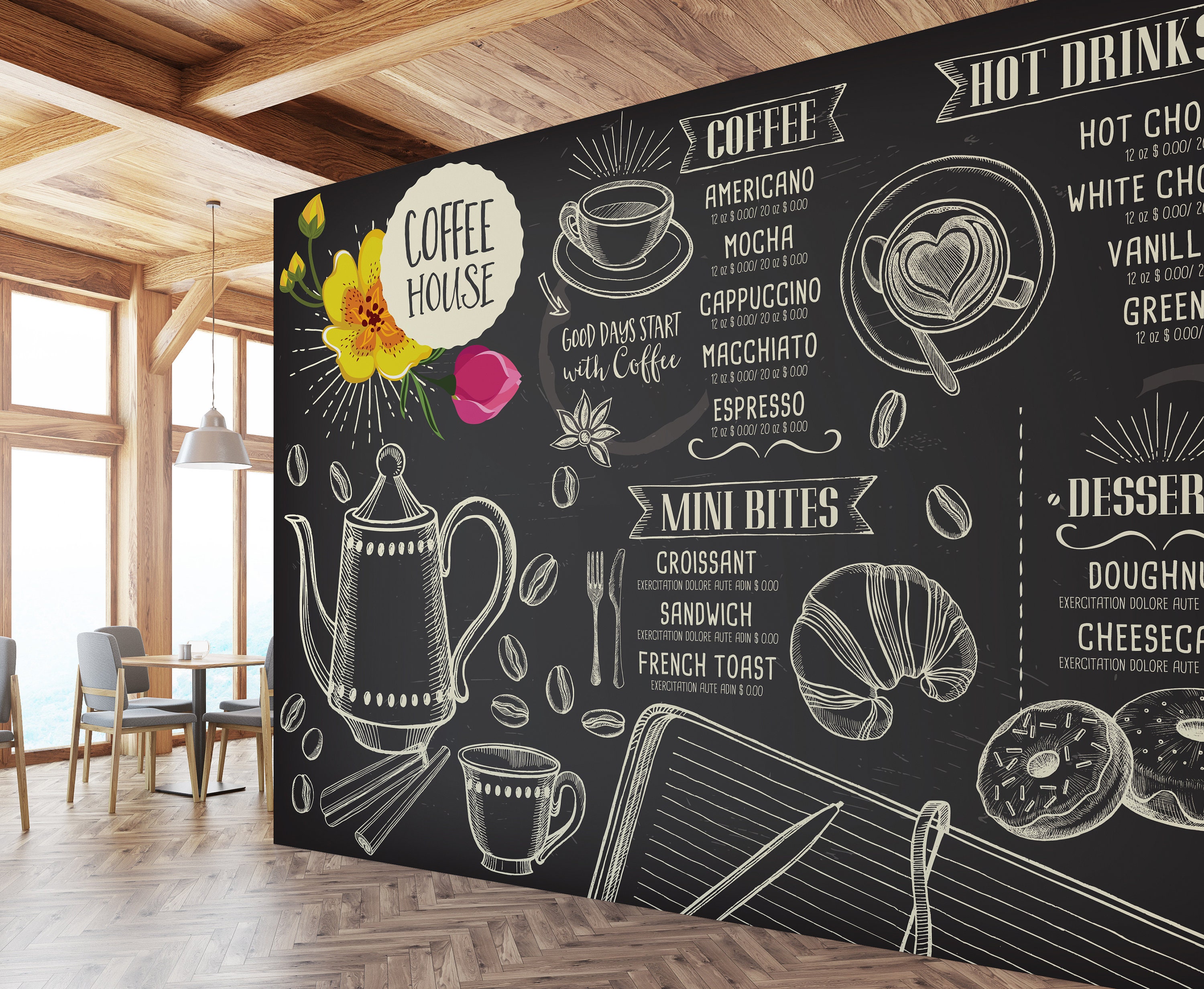 Custom Wallpaper Mural Chalkboard Retro Cafe Background