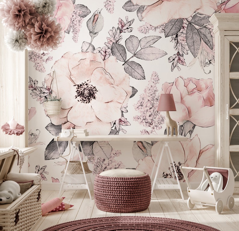 Floral Nursery Pink Wallpaper Kids Wallpaper Peel and Stick Etsy