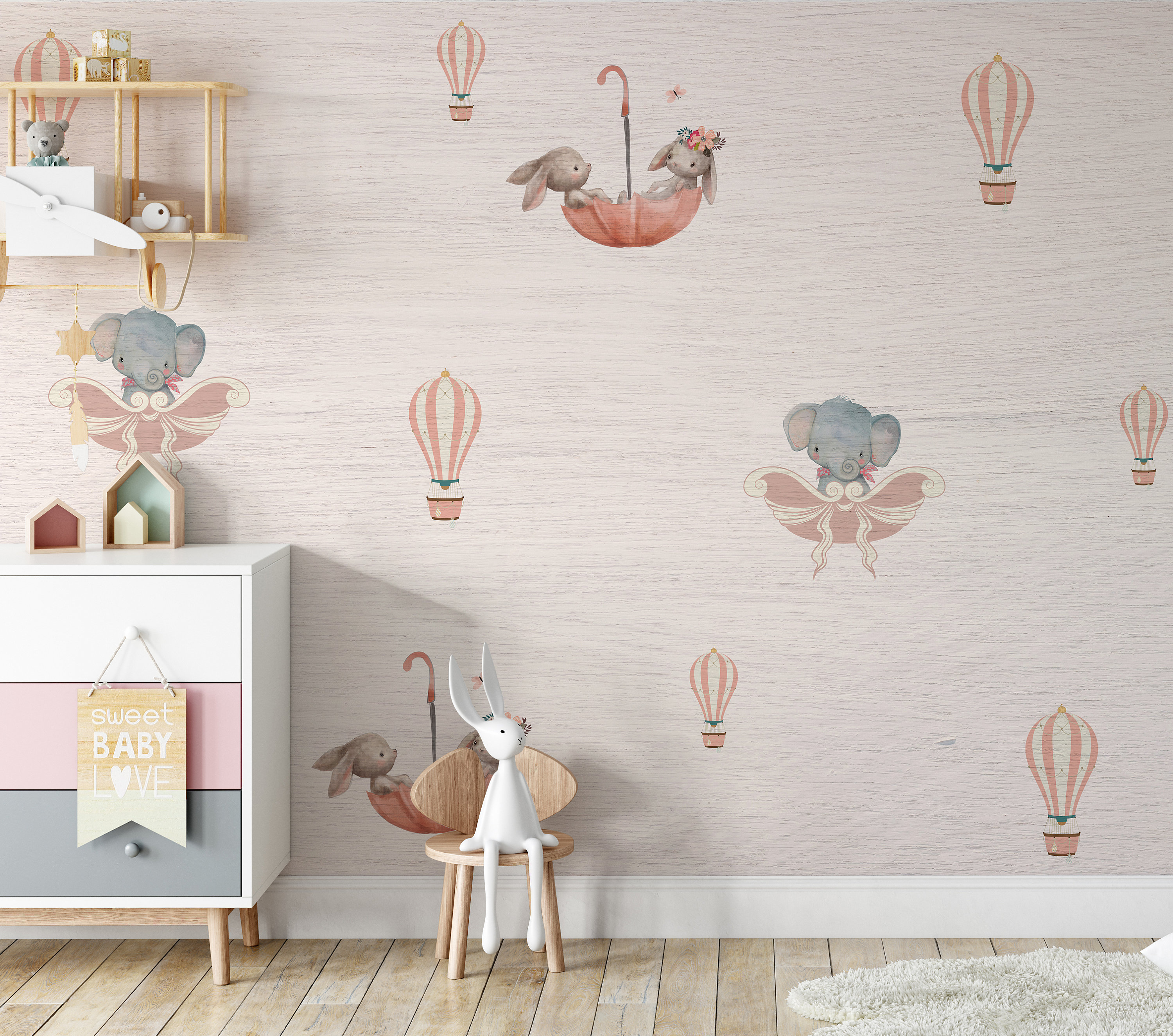 Umbrella Rabbit Nursery Wallpaper Kids Wallpaper Peel and - Etsy