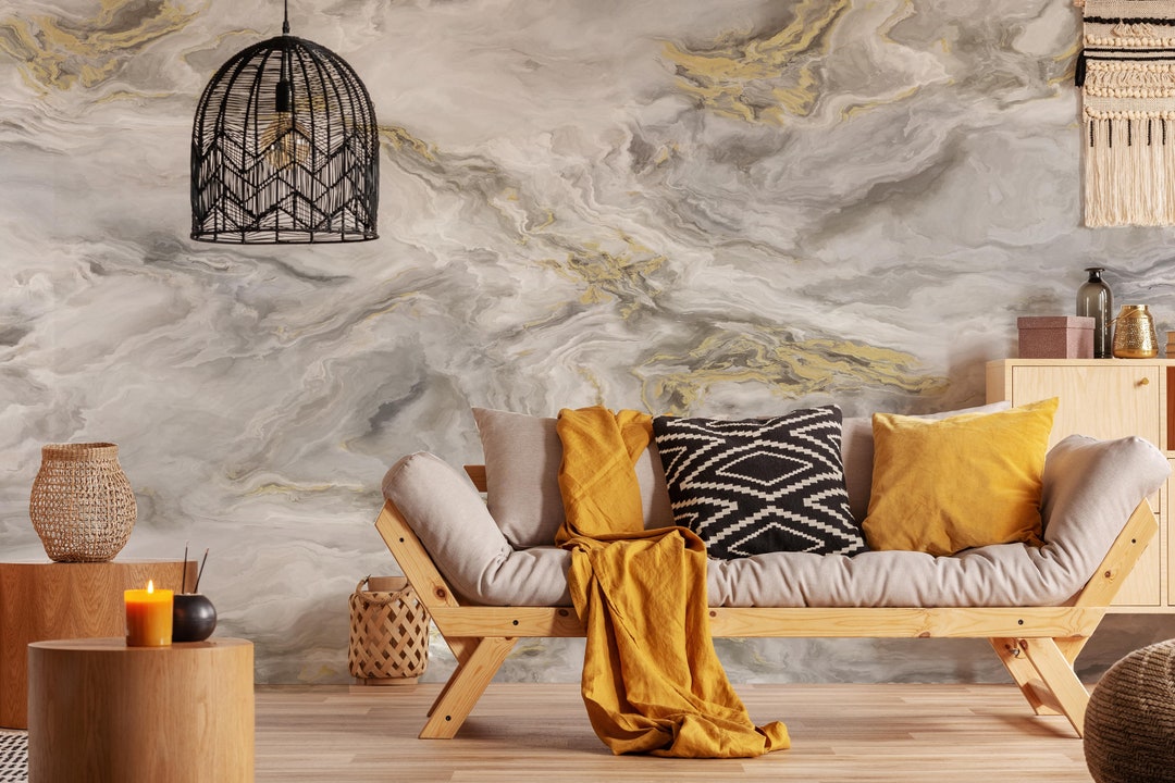 Yellow White Marble Marble Wallpaper Peel and Stick Etsy