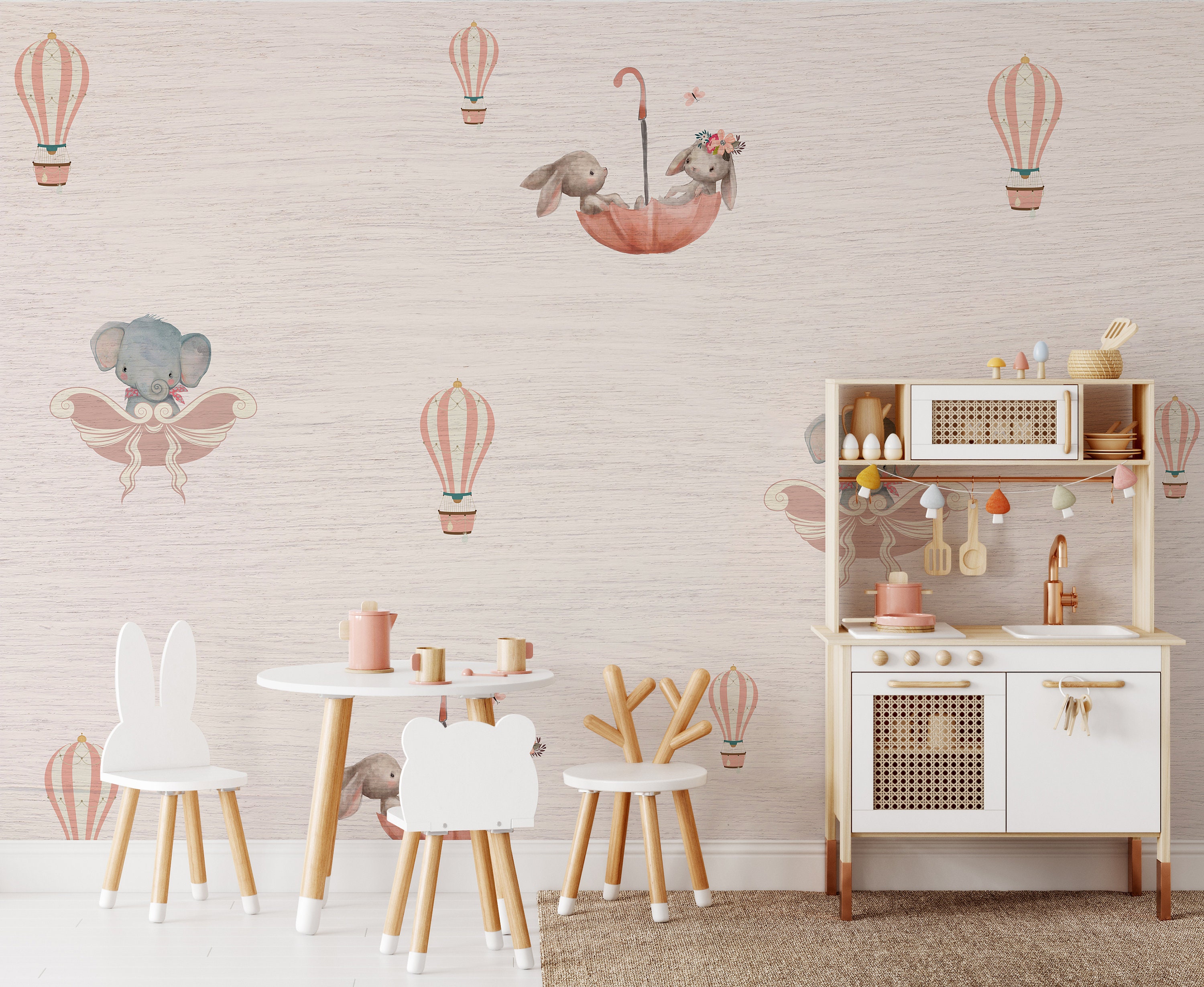 Umbrella Rabbit Nursery Wallpaper Kids Wallpaper Peel and - Etsy