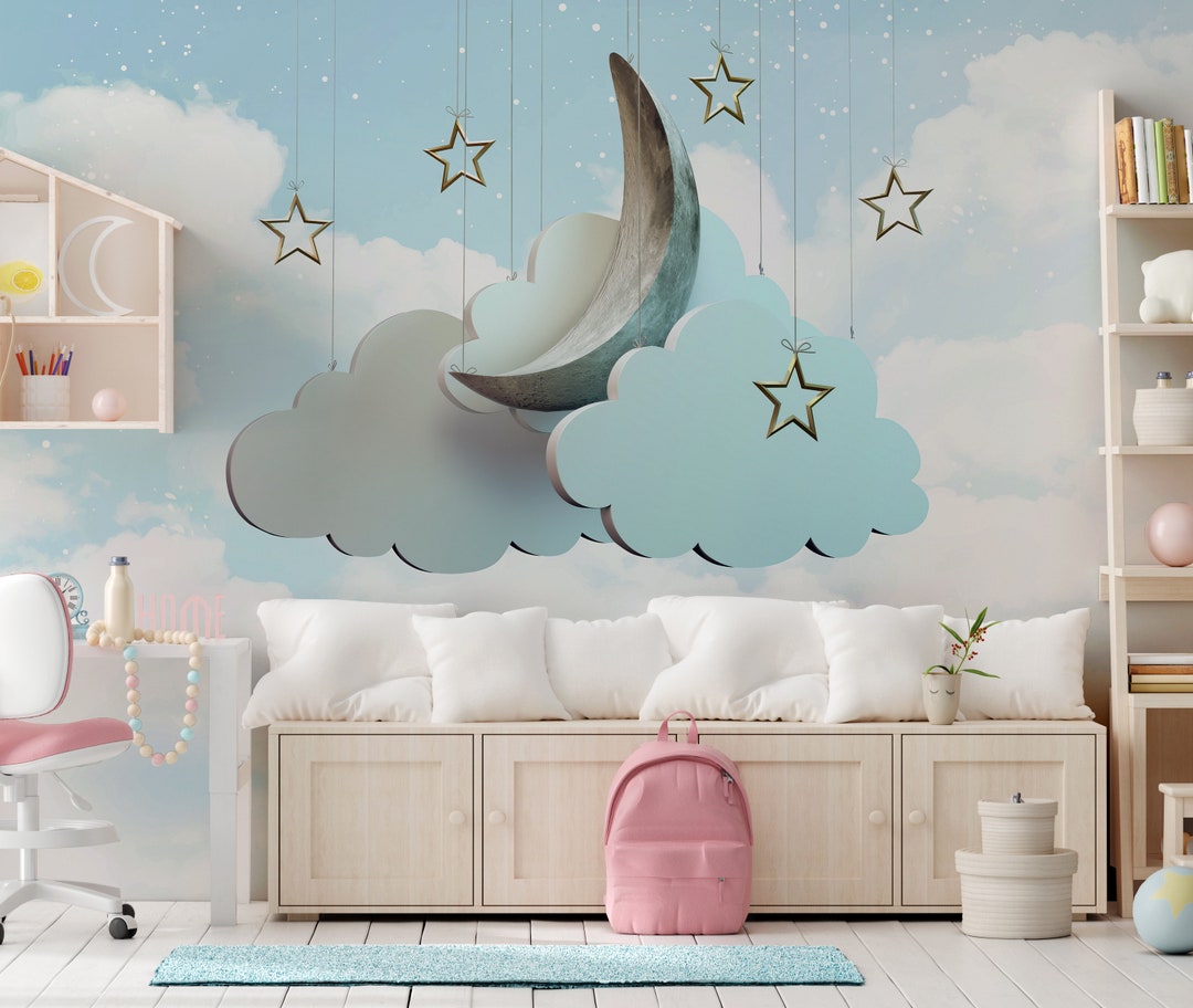 3D Blue Clouds Nursery Wallpaper Kids Wallpaper Peel and Etsy