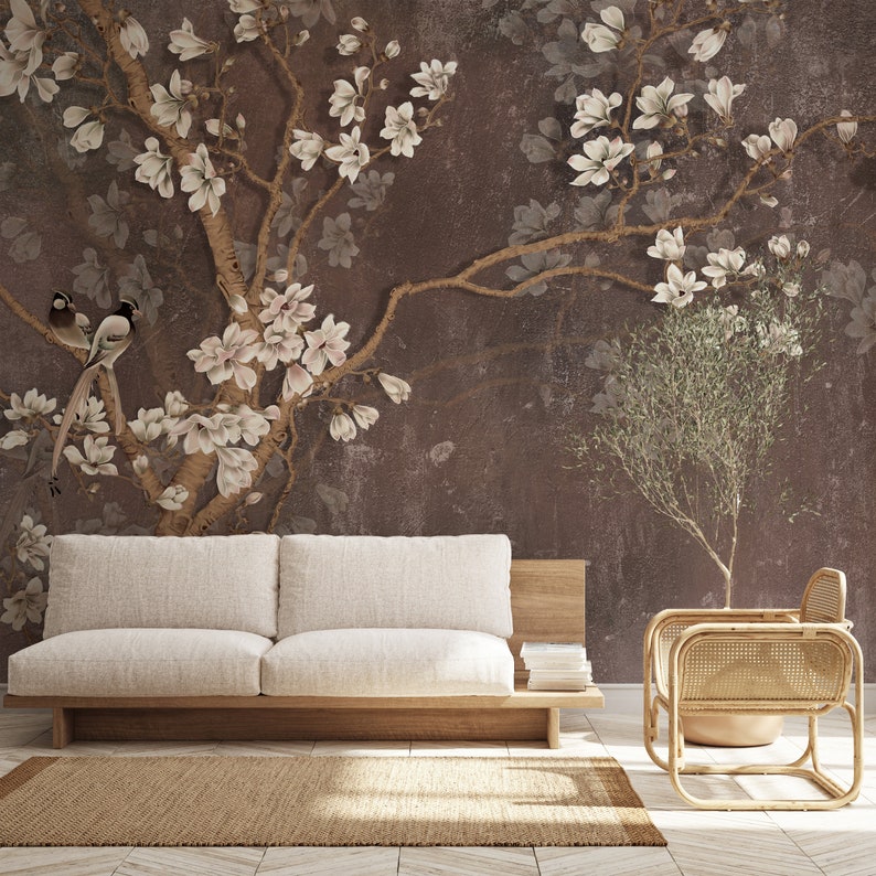 Brown Chinoiserie Wallpaper Peel and Stick Floral Wallpaper - Etsy