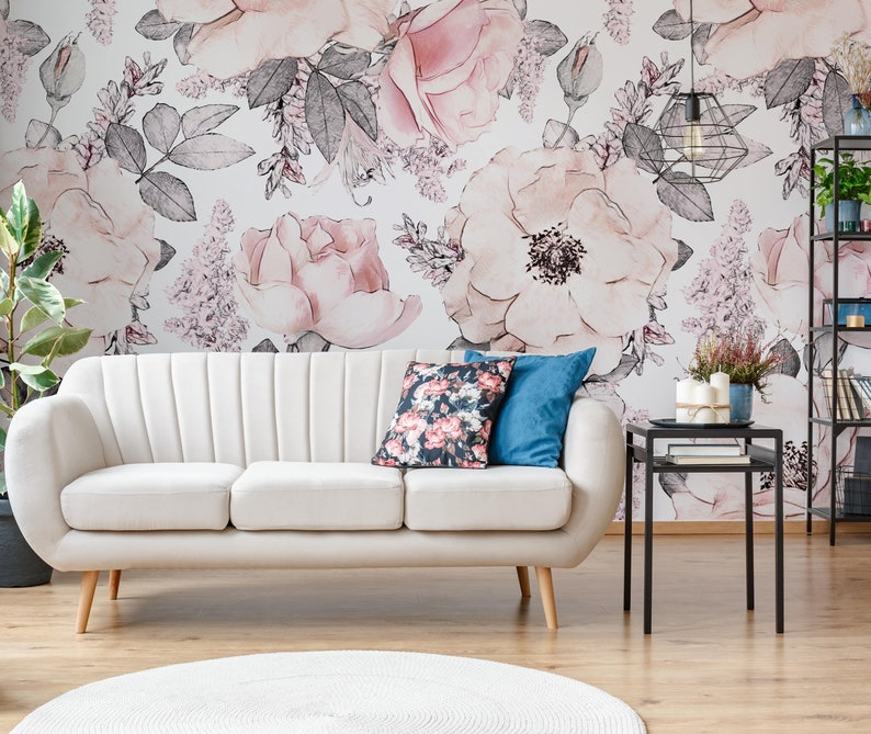 Floral Nursery Pink Wallpaper Kids Wallpaper Peel and Stick Etsy