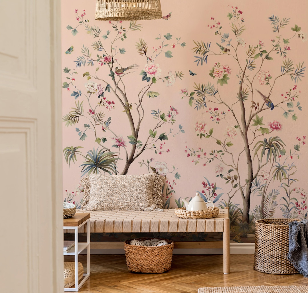Pink Chinoiserie Wallpaper, Peel and Stick Floral Wallpaper, Removable