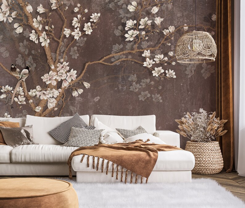 Brown Chinoiserie Wallpaper Peel and Stick Floral Wallpaper - Etsy