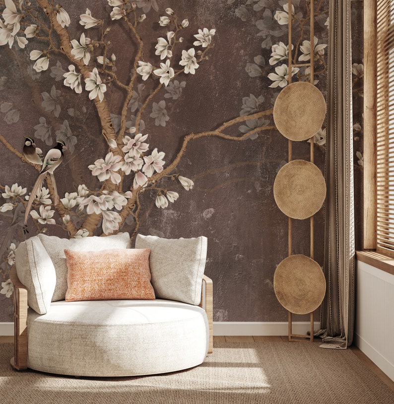 Brown Chinoiserie Wallpaper Peel and Stick Floral Wallpaper - Etsy