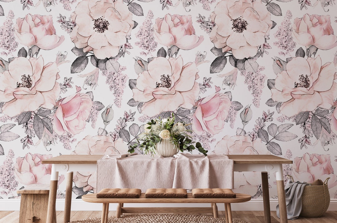 Floral Nursery Pink Wallpaper, Kids Wallpaper Peel and Stick, Nursery