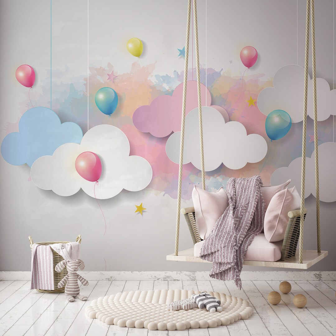 3D Clouds Pink Nursery Wallpaper Kids Wallpaper Peel and Etsy