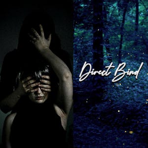 May include: A dark image of a person with their hands covering the eyes of another person. The background is a dark forest with glowing lights.