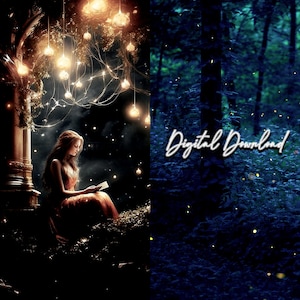 Puede incluir: Una mujer con un vestido largo naranja se sienta debajo de un árbol con luces brillantes, leyendo un libro. El fondo es un bosque oscuro con luciérnagas.