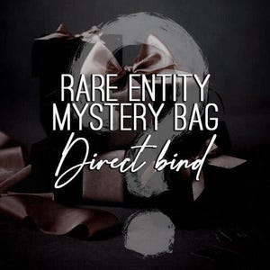 Może przedstawiać: Bliskie ujęcie tajemniczej torby z napisem "Rare Entity Mystery Bag Direct Bind". Torba wykonana jest z brązowego papieru i przewiązana brązową wstążką.