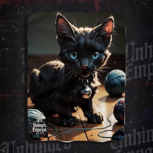 Può includere: Stampa d'arte digitale di un gatto nero con occhi blu brillante, con un collare con campanella d'argento. Il gatto è seduto su un pavimento di legno con gomitoli di lana sparsi. Include il testo "Unhinged Emporium. circa 2023."
