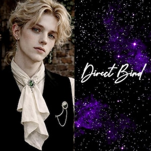 May include: A person wearing a black vest with a cream-colored ascot and a green gemstone pendant. The image has the text "Direct Bind" in white cursive on a purple and black starry background.