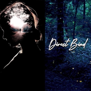 May include: A silhouette of a person with a forest scene inside their head. The text "Direct Bind" is written in white cursive on a dark blue background with glowing yellow lights.