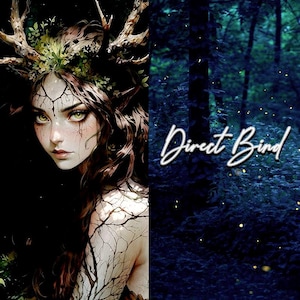 May include: A digital illustration of a woman with antlers and vines growing from her skin. She has long brown hair and green eyes. The background is a dark forest with glowing lights.