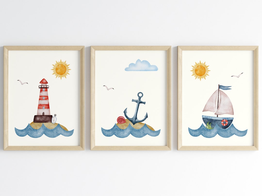 Nautical Wall Art for Neutral Nursery, Lighthouse Anchor Sailboat Set ...