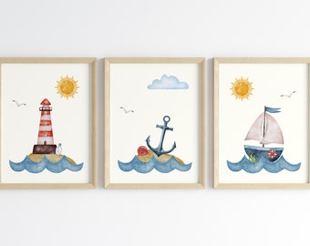 Arte de pared náutico para habitación infantil neutra, juego de 3 impresiones de velero con ancla de faro, decoración de habitación de bebé