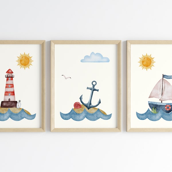 Nautical Wall Art for Neutral Nursery, Lighthouse Anchor Sailboat Set of 3 Prints, Baby Room Decor